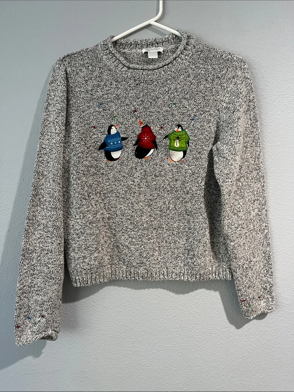 Christopher & Banks Grey Marled Crewneck Sweater with Embroidered Penguins